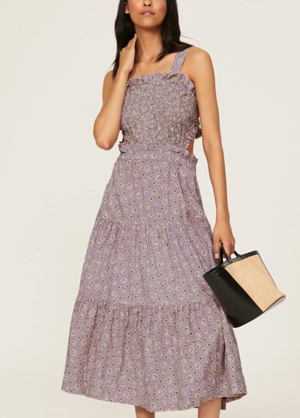 SEA New York Purple Calico Midi Dress LARGE Apron Cottage Ruffle Designer $400